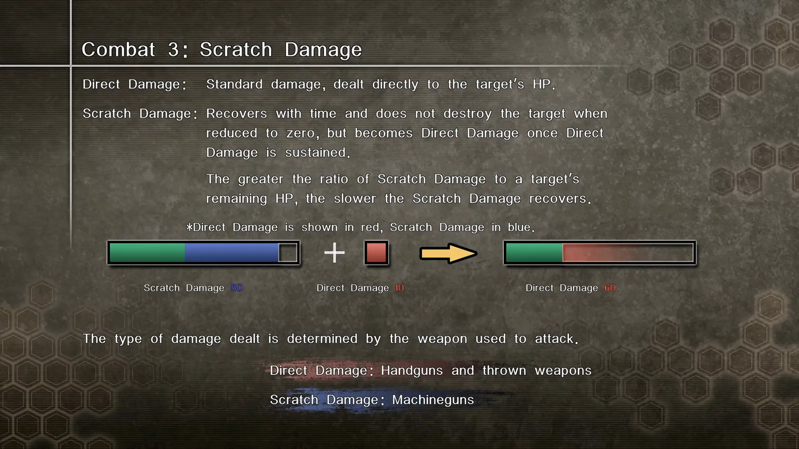 Combat 3 tutorial explaining scratch damage converting to direct damage with color-coded HP bars