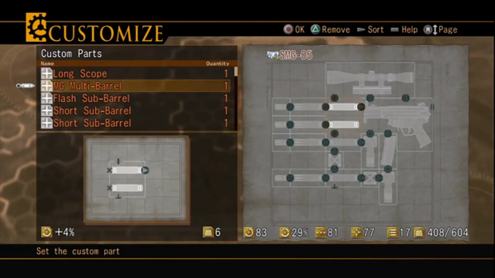 SMG-05 machine gun on the Customize grid with scope and barrel parts plus Charge Speed and Weight stats in Resonance of Fate Enhanced Remaster