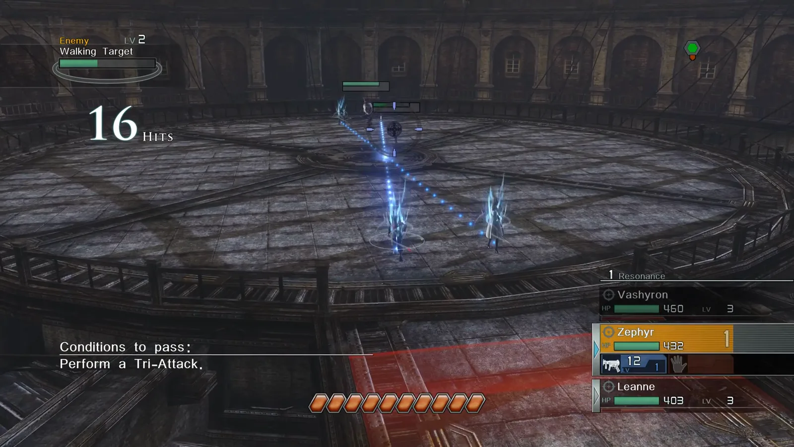Tri-Attack resonance triangle with three characters running linked paths in Resonance of Fate Enhanced Remaster Arena tutorial