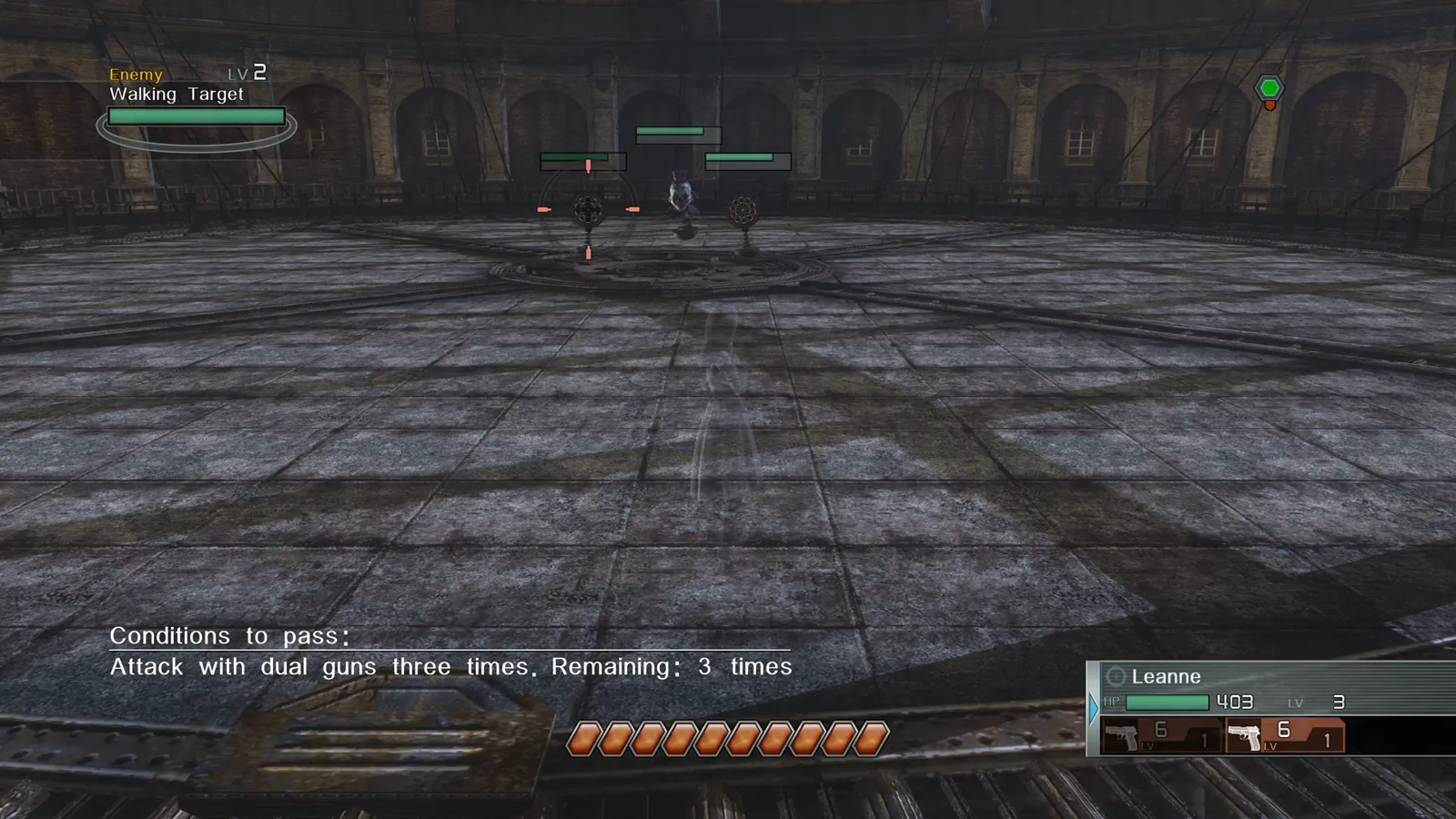 Arena view with a full row of orange Bezels along the Hero Gauge during handgun training