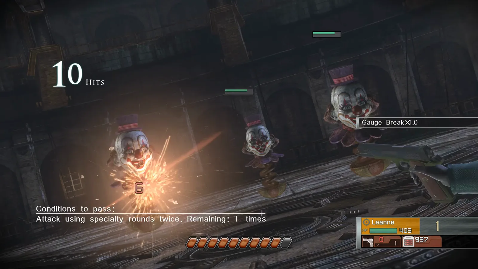 Handgun shot triggering Gauge Break while Bezels and party HUD remain visible during training