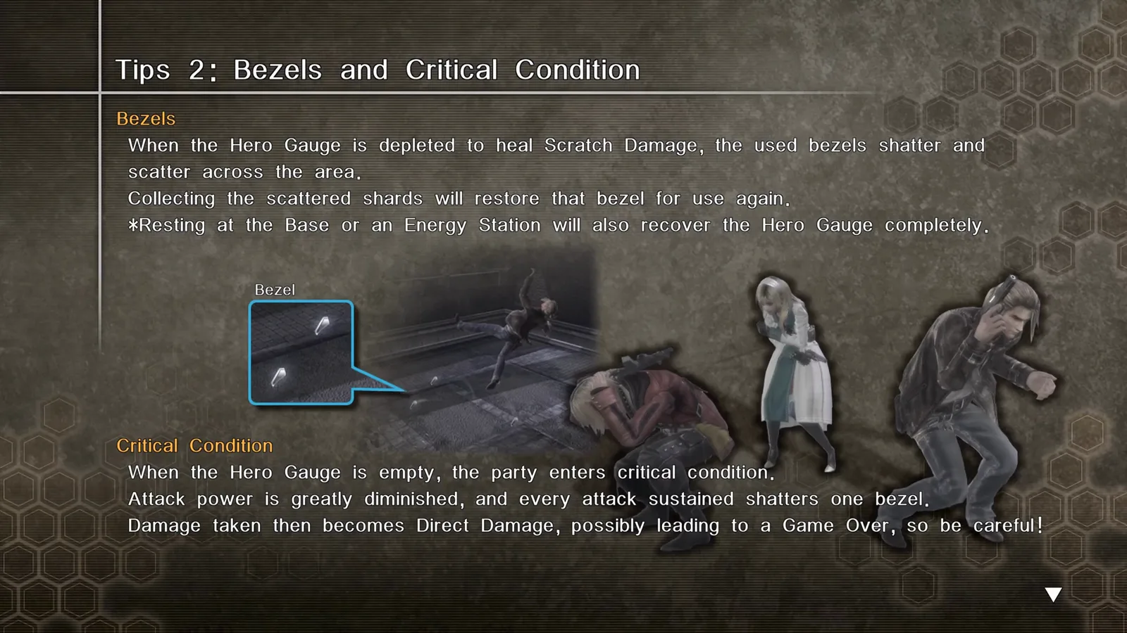 Tips 2 tutorial screen explaining Bezels shattering into collectible shards and Critical Condition penalties