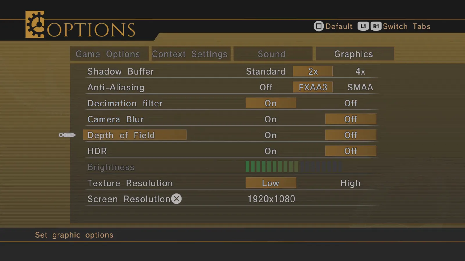 Enhanced Remaster graphics menu with Decimation filter On, FXAA3 selected, and HDR toggle visible alongside brightness and resolution rows