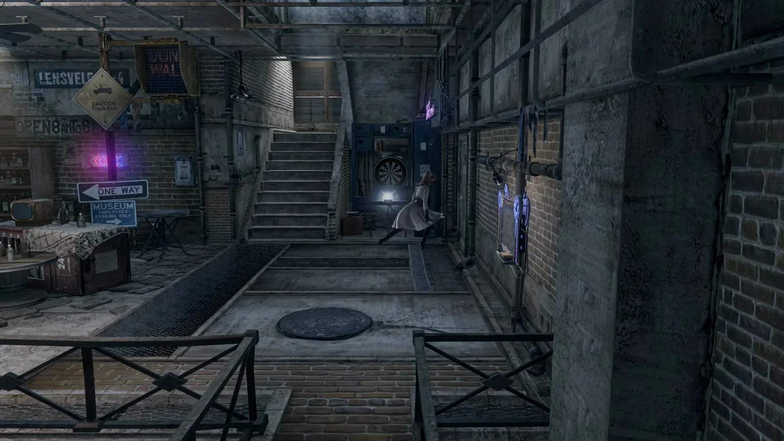 Leanne walking through an indoor industrial room showing Enhanced Remaster lighting on props