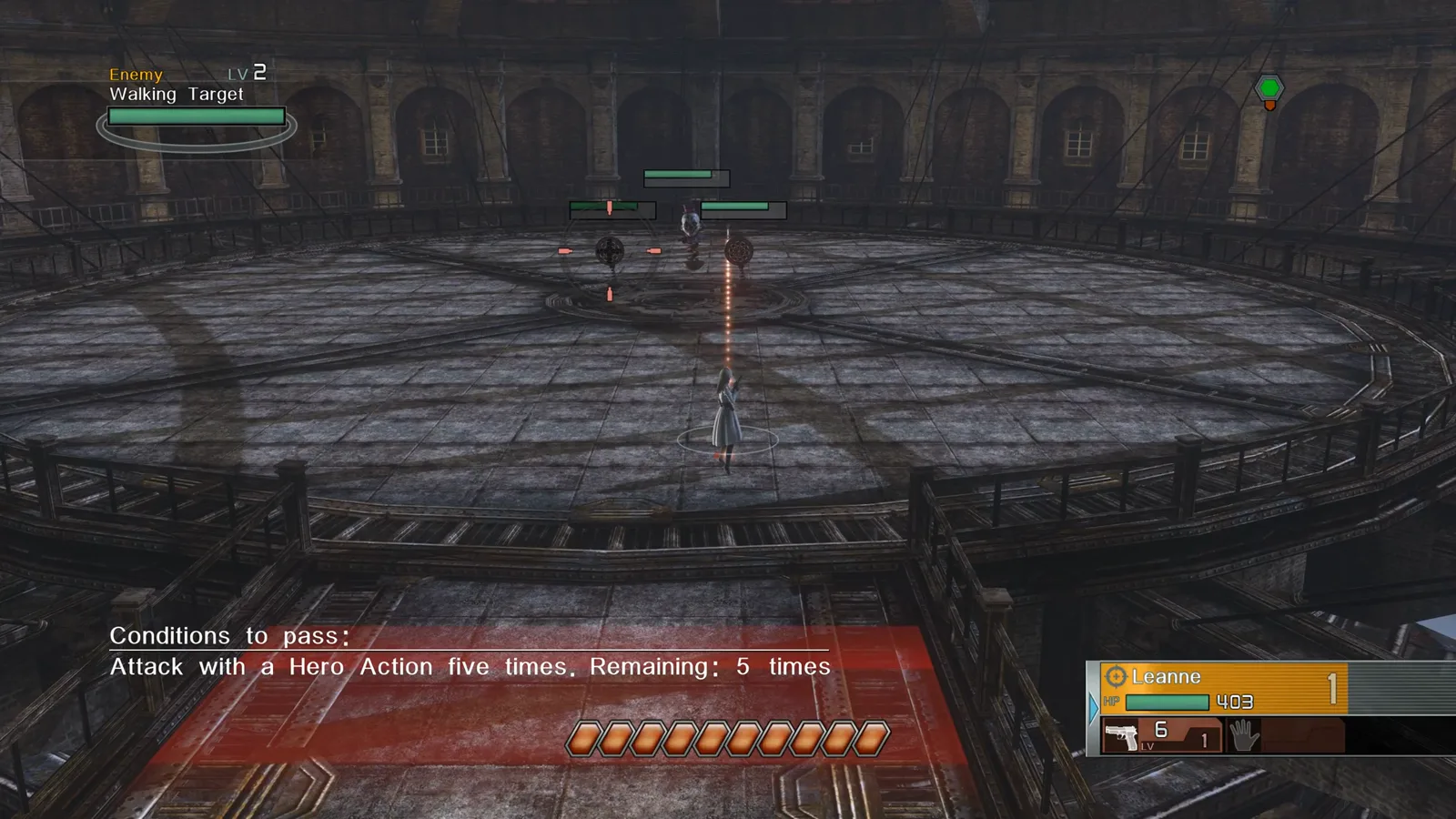 Leanne running a Hero Action path in the arena with charge rings and a full Hero Gauge in Resonance of Fate Enhanced Remaster