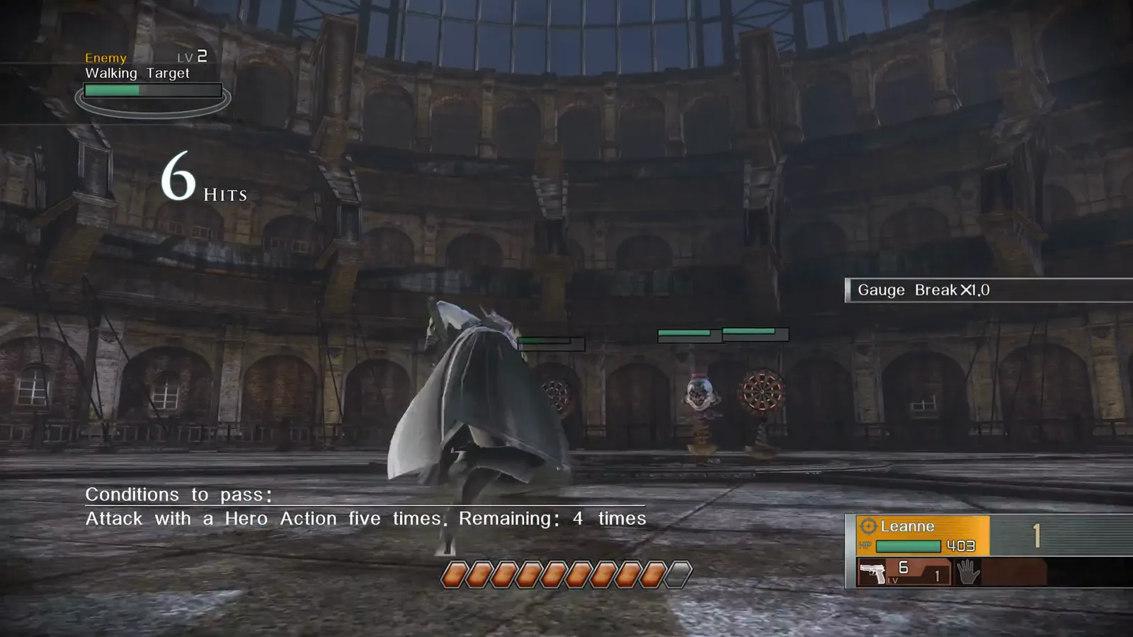 Arena objective requiring five attacks during Hero Actions with the Hero Gauge and Resonance counter visible in Resonance of Fate Enhanced Remaster