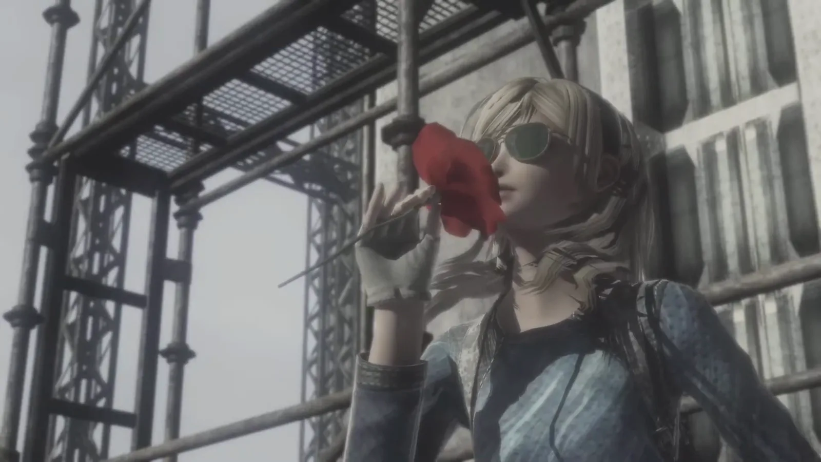 Leanne holding a red flower during a quiet story beat on PS5 Enhanced Remaster footage