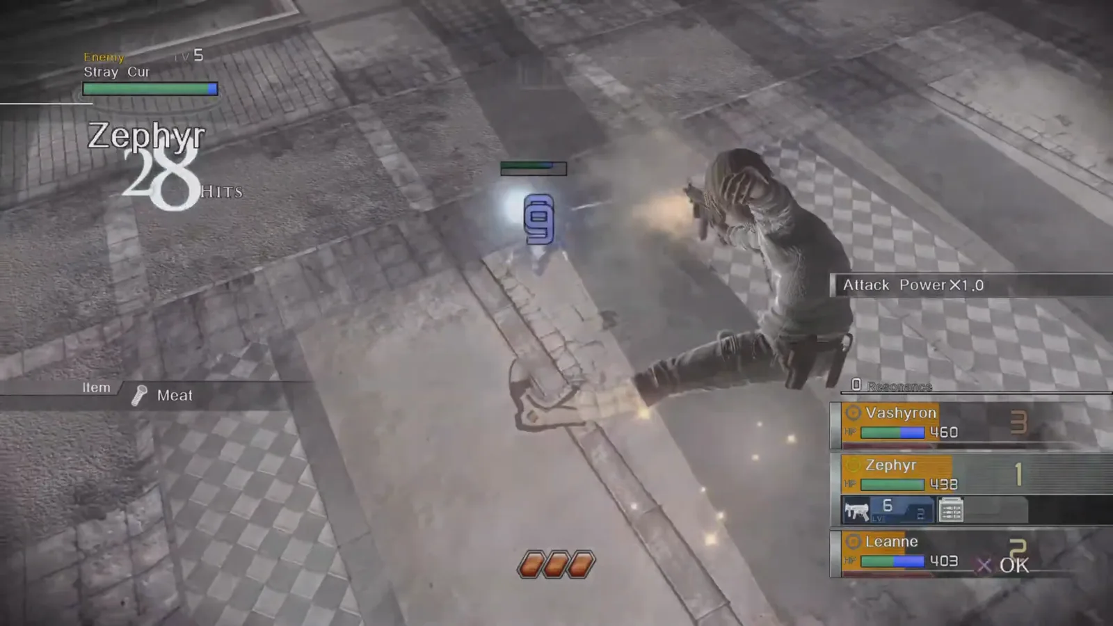 Zephyr Hero Action with blue scratch damage numbers floating off a Stray Cur while its HP bar shows blue scratch