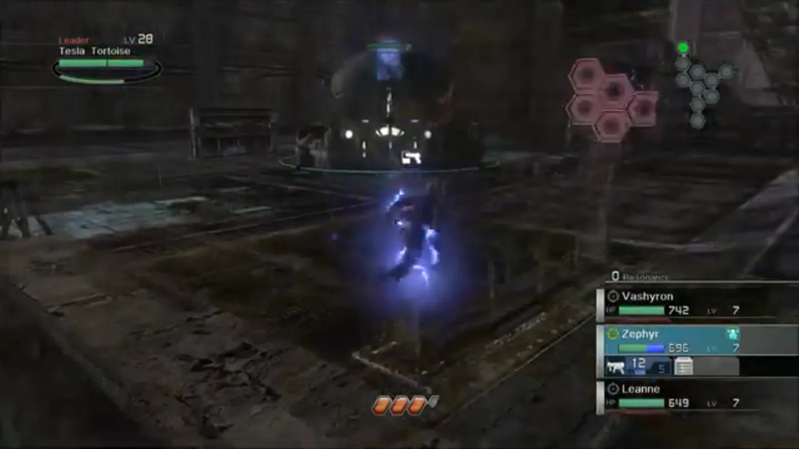 Tesla Tortoise leader boss with circular HP gauge and hex part layout at the start of the Chapter 2 fight in Resonance of Fate 4K HD edition