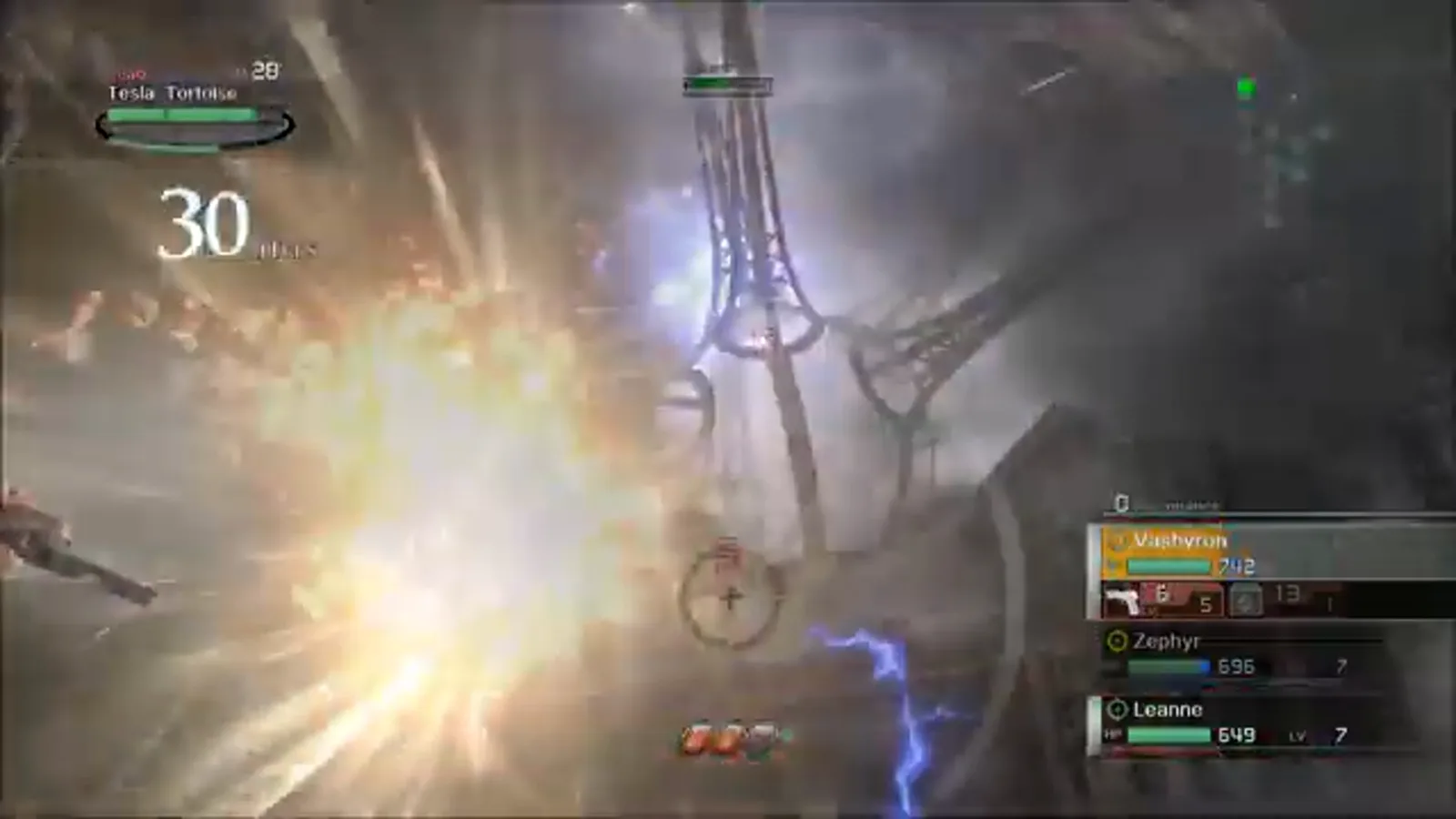 Overhead targeting reticle locked on Tesla Tortoise during a charged handgun attack in the Hughes Power Station boss room