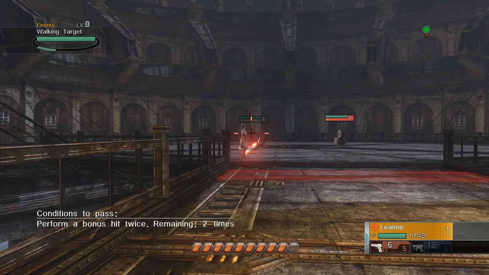 Leanne in the arena with one Resonance Point showing before a bonus-hit tutorial objective