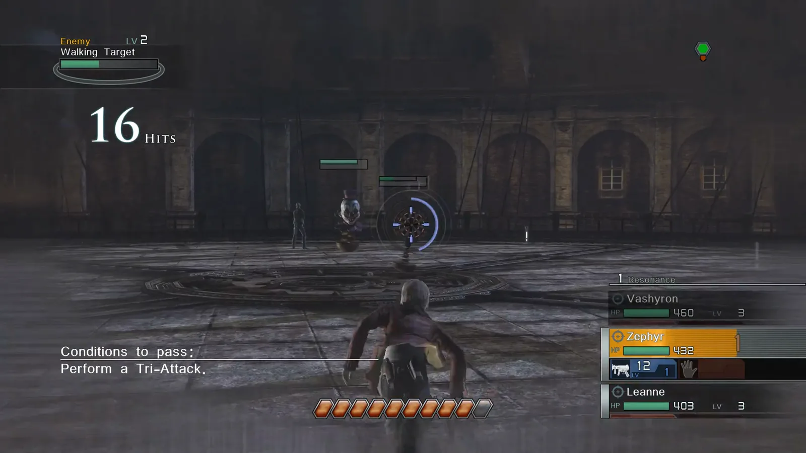 Zephyr starting a Tri-Attack tutorial run with sixteen hits logged and one Resonance Point stored