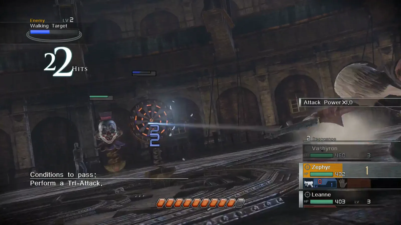 Tutorial HUD showing two Resonance Points and a Tri-Attack objective with 22 hits on a Walking Target