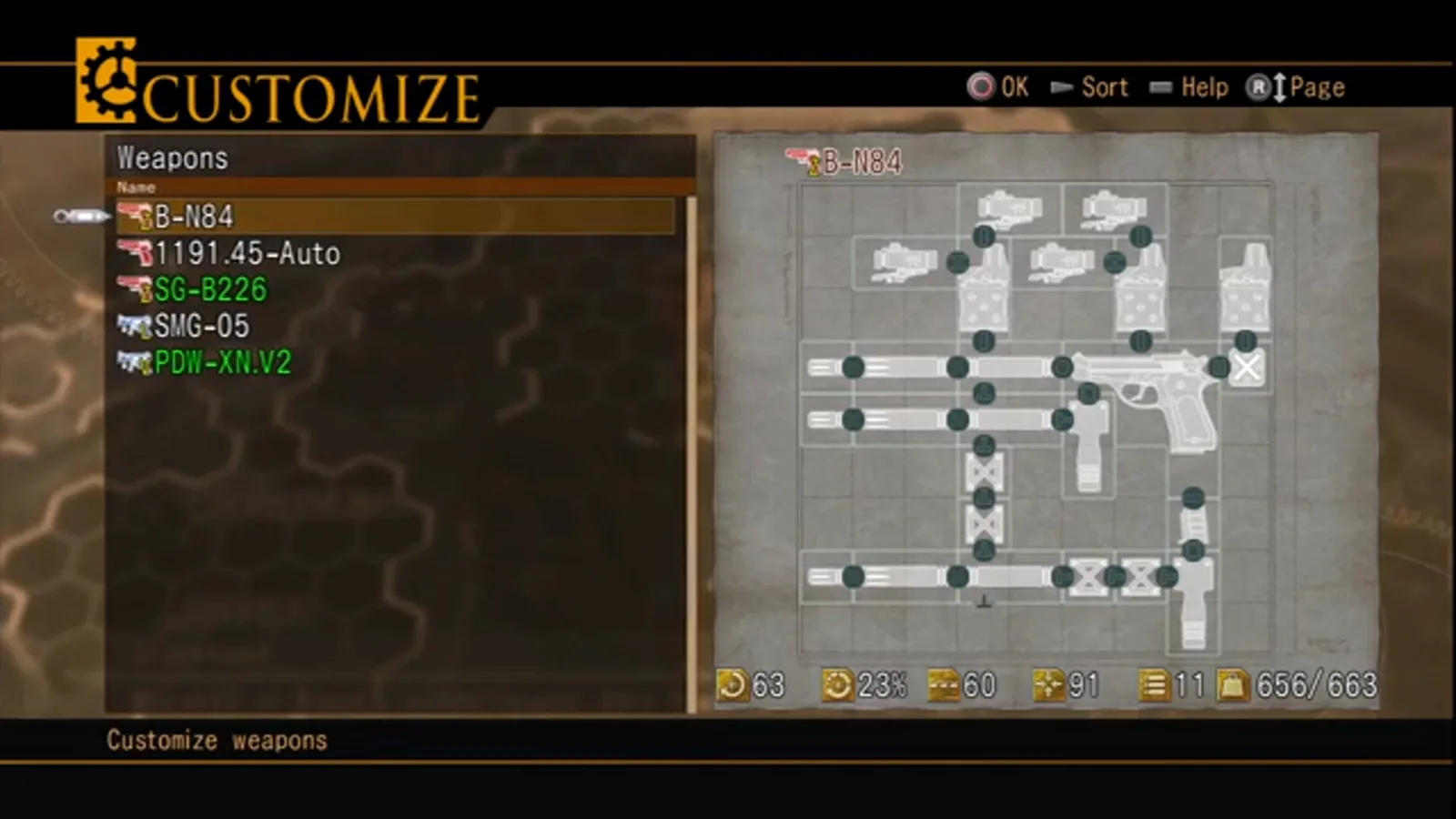 Gun customization grid attaching barrel adapters to a machine gun frame in Resonance of Fate weapon mod menu