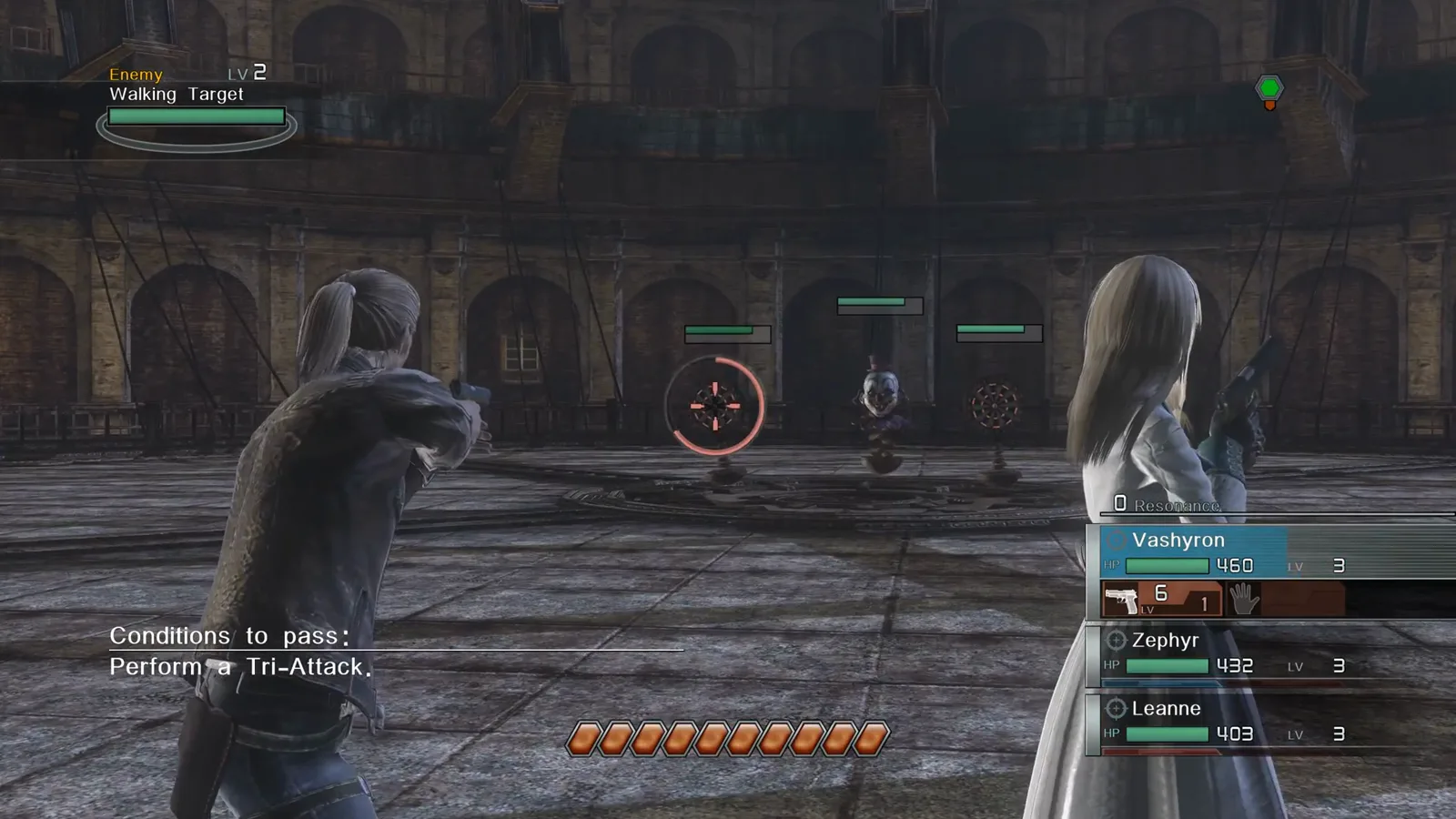 Machine gun burst applying blue scratch damage to a training dummy in the Arena tutorial in Resonance of Fate Enhanced Remaster