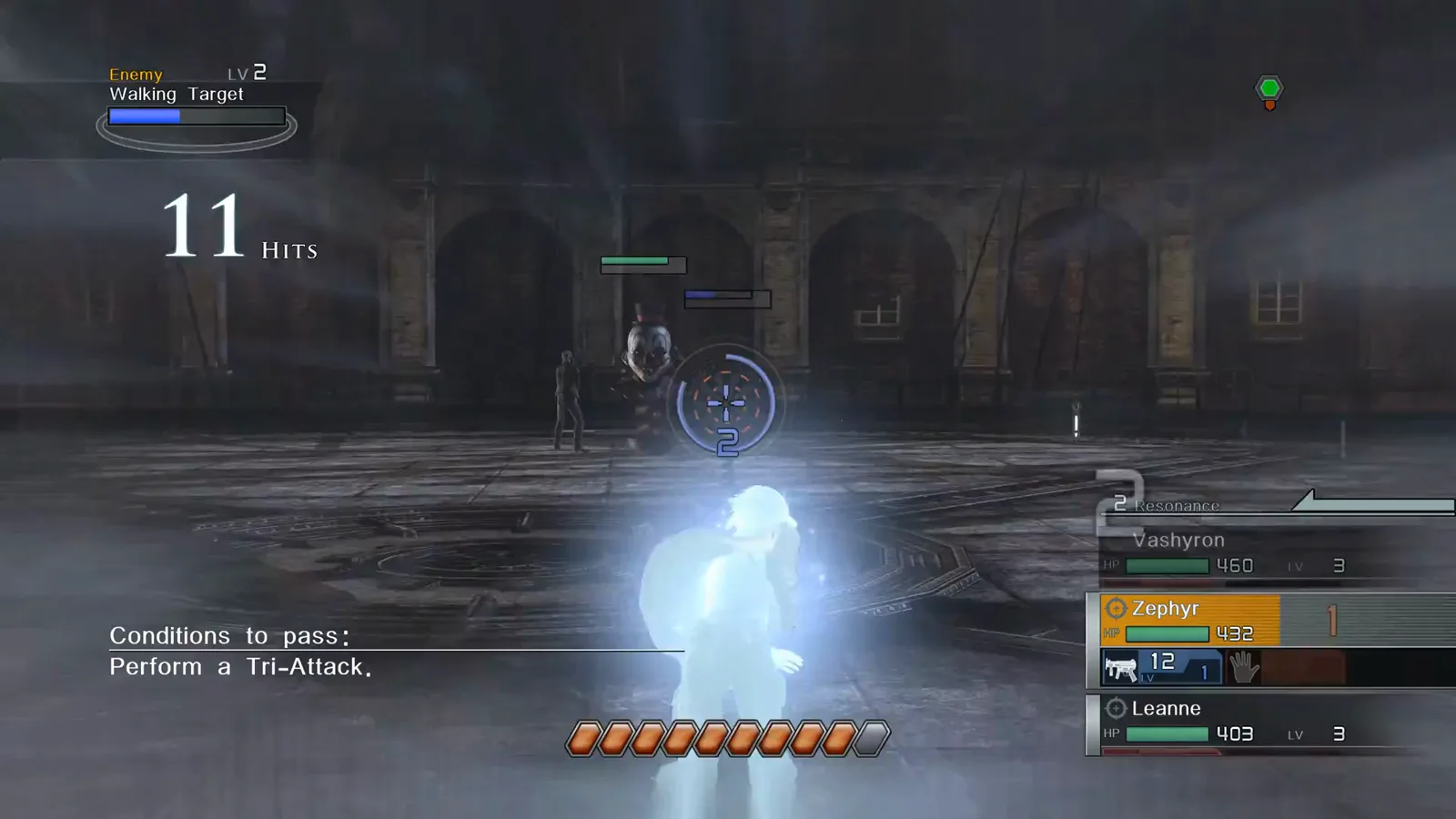 Resonance line glowing blue between allies during a handgun follow-up shot in the Arena tutorial in Resonance of Fate Enhanced Remaster